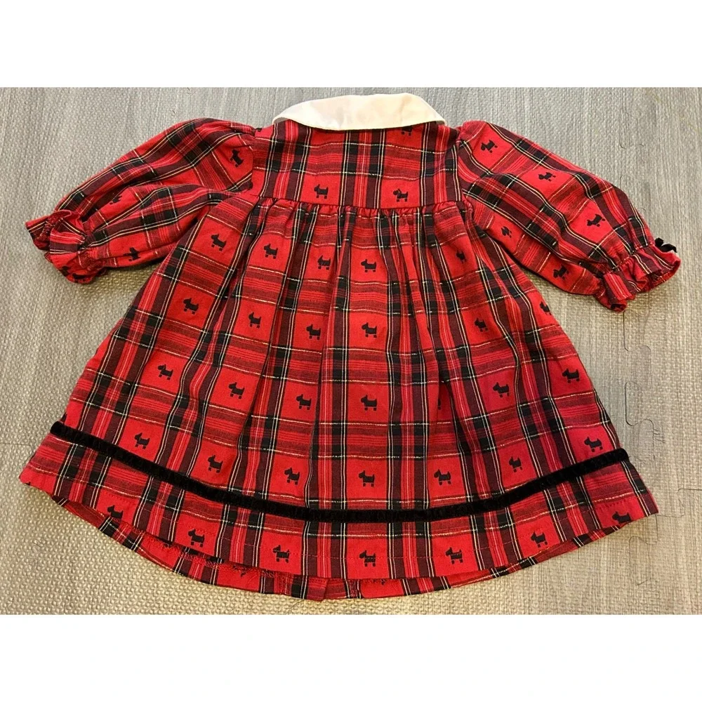 Good Lad‎ Red Plaid Scottie Dog Dress Baby Girls 9 Months Puff Sleeve Collared